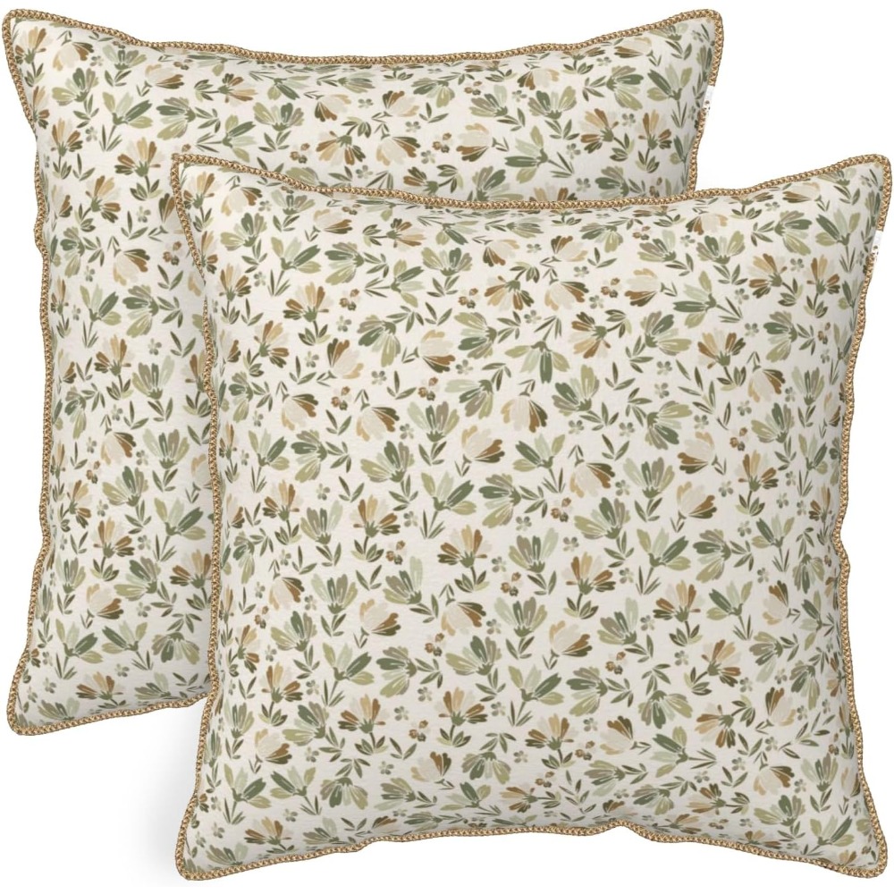 Pillow Insert 18X18 - 세이지 그린-베이지-플로럴-부드러운 벨벳 소재-2개 세트-러스틱 빈티지
