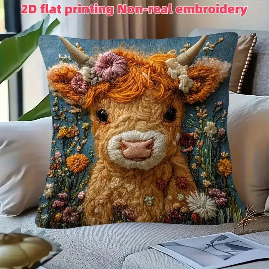 빈티지 하이랜드 소 장식용 베개 커버 1개, 2D 자수 - Pillow Insert 18X18 리뷰 및 가격
